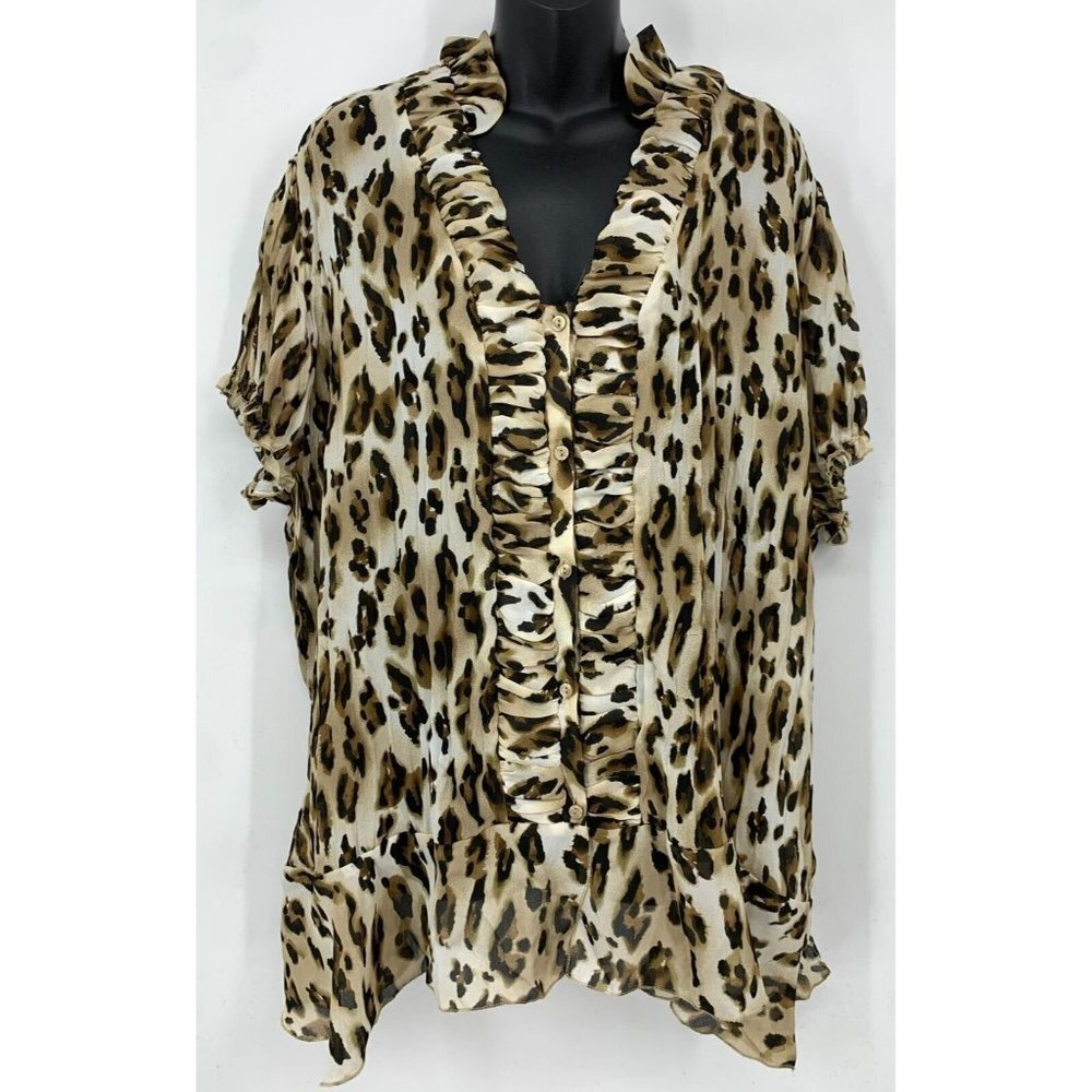 Bethany Women Top Plus Size 3X Leopard Elastic Short Sleeve Ruffle Button Peplum